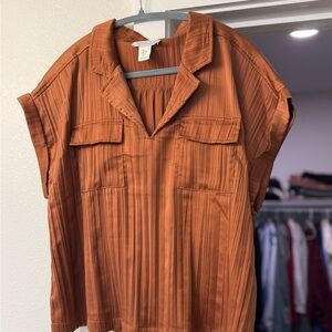 Rachel Zoe Rust Orange Camp-Collar Flutter Sleeve Blouse